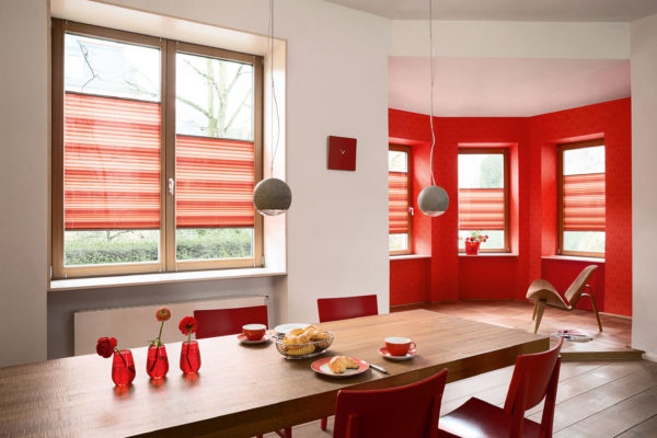Dieses Bild Zeigt ein im Fenster verspanntes Plissee der Firma MHZ